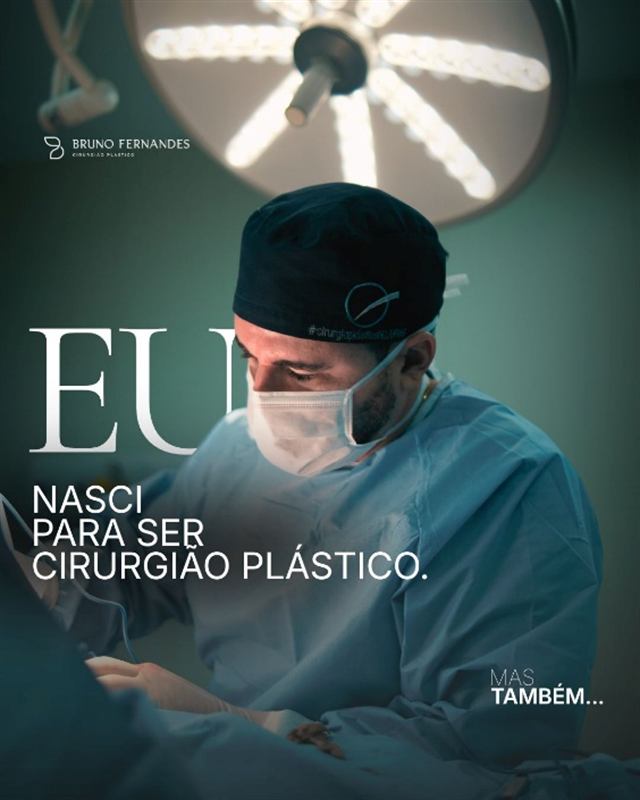 Peça estática do Dr. Bruno Fernandes em centro cirúrgico, com o título Eu nasci para ser cirurgião plástico