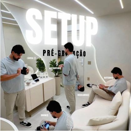 Publicação Setup pré-gravação: câmera, microfone, drone e roteiro sendo preparados na clínica